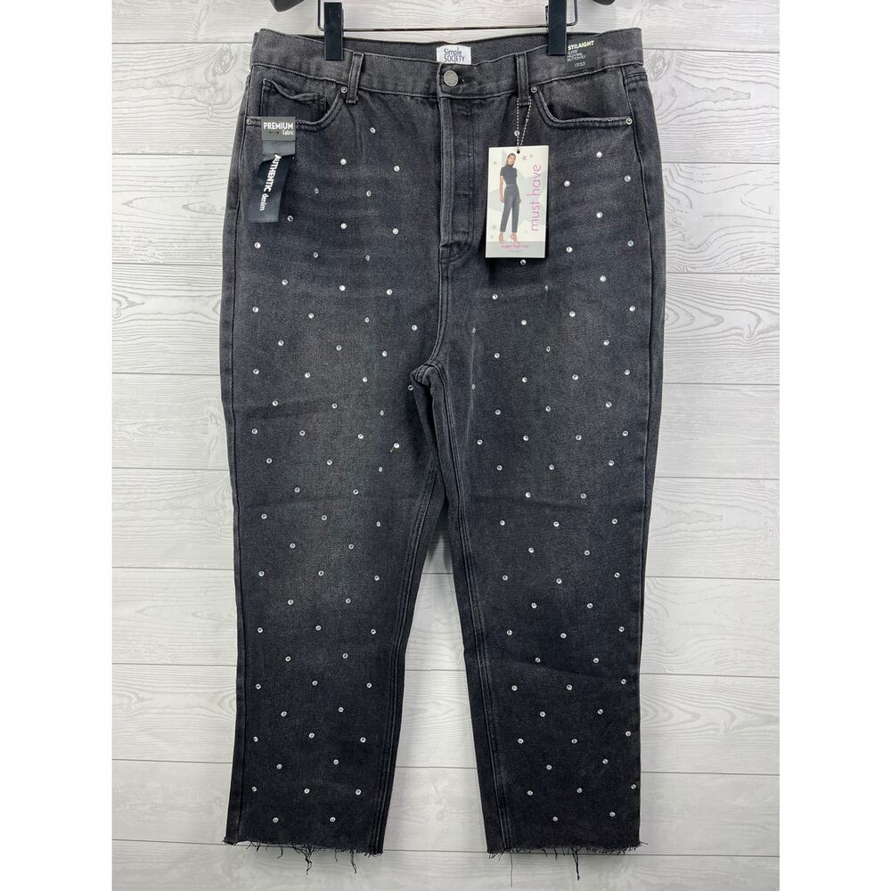Simple Society Super High Rise Straight Crop Jeans Rhinestone Womens Size 17/33